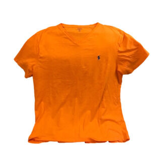 Polo by Ralph Lauren V-neck T-shirt.  Embroidered logo. Orange/ peach colour. Lg